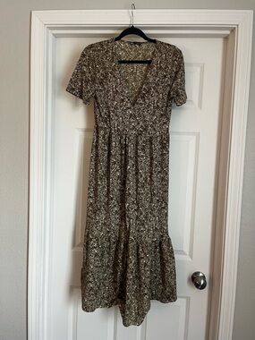 Zara Tan Floral V-Neck Midi Dress